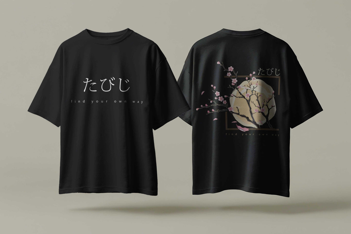 Side B: Tabiji Sakura Moon Oversized Tee – 240 GSM French Terry Cotton | Unisex Streetwear