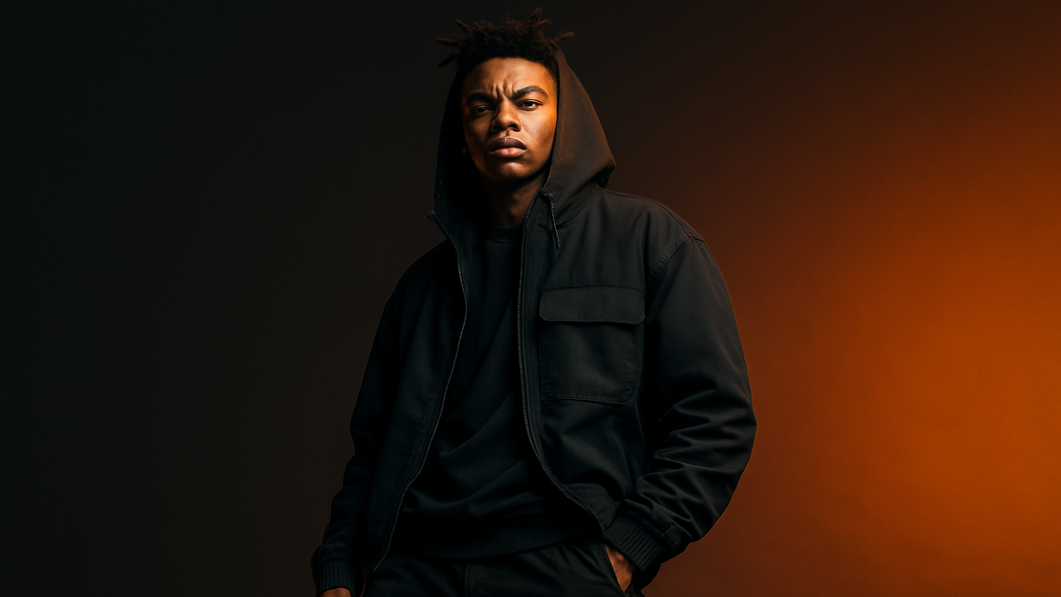 Person wearing a black hoodie against a gradient background