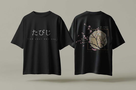 Side B: Tabiji Sakura Moon Oversized Tee – 240 GSM French Terry Cotton | Unisex Streetwear